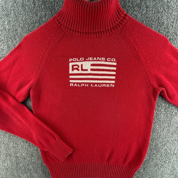 Ralph Lauren Polo Jeans Medium Red Knit Turtleneck Women Flag Sweater USA Logo - Picture 1 of 14